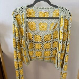 La Hearts Pac Sun Women's Crochet Cardigan Set - Yellow and Green